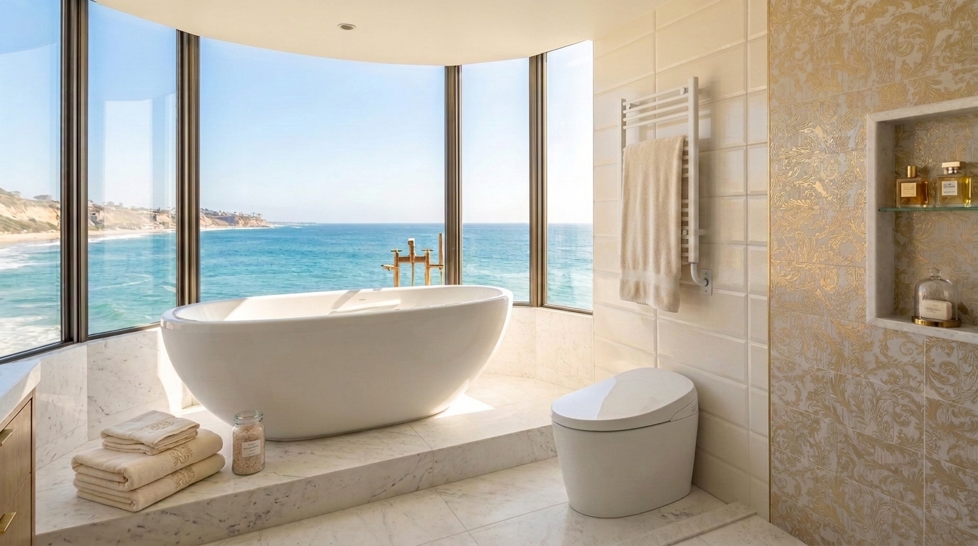 Master bathroom with free standing tab, ocean view